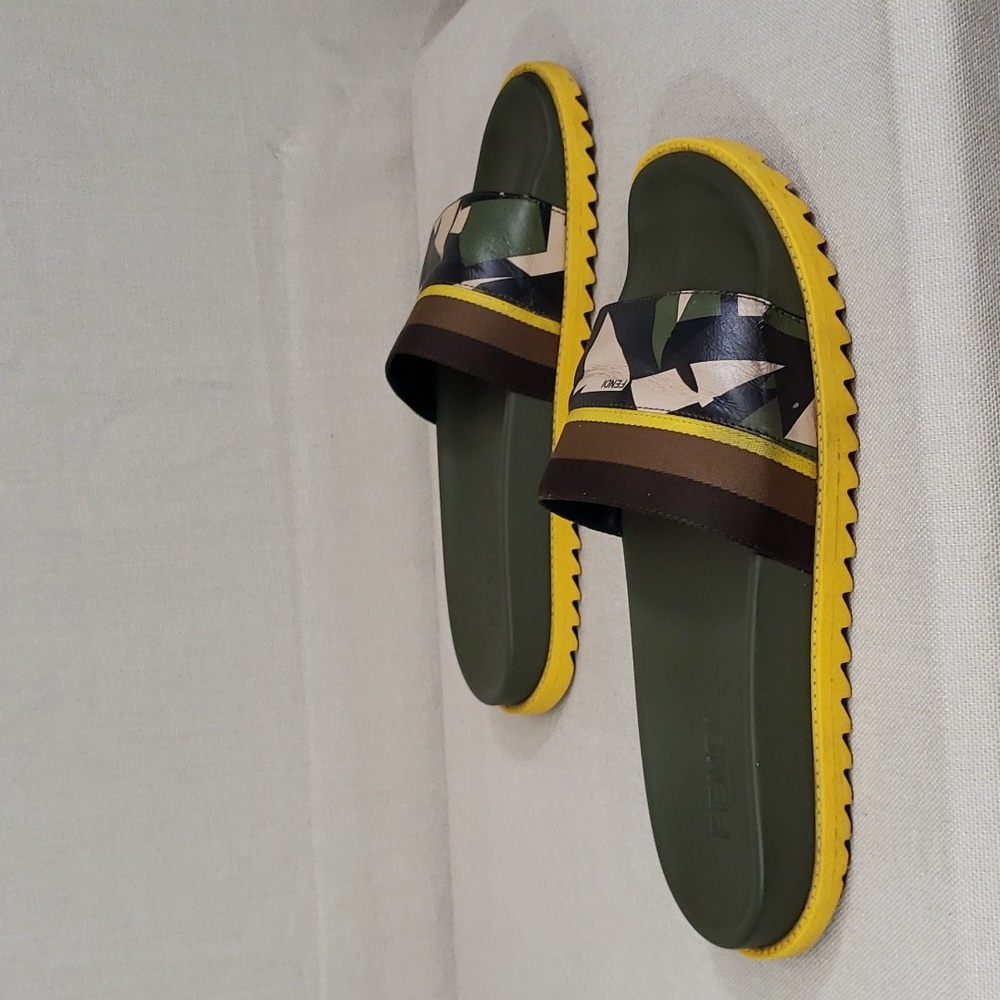 Fendi Olive Green Yellow Brown Patterned Slide Sandals - Picture 4 of 9